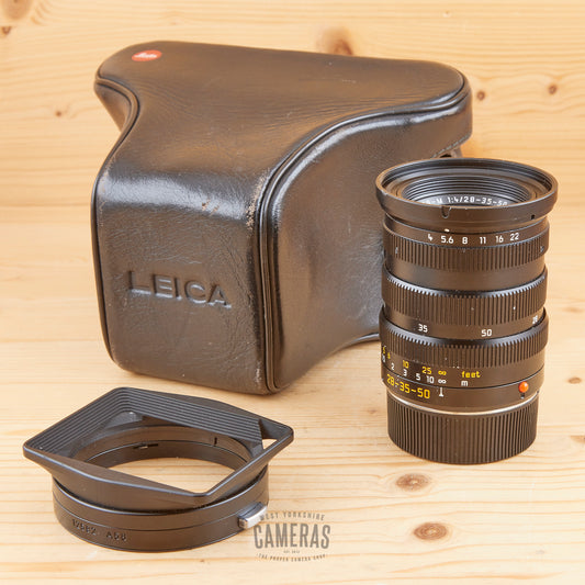 Leica-M 28-35-50mm F/4 Tri-Elmar-M ASPH V1 Black 11890 MATE w/ Hood, Ever Ready Case Avg